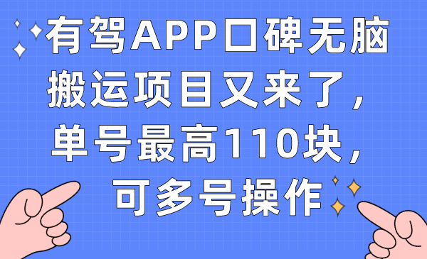 有驾APP口碑无脑搬运项目又来了，单号最高110块，可多号操作赚米吧-网创项目资源站-副业项目-创业项目-搞钱项目赚米吧
