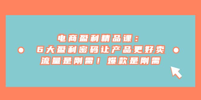 电商 盈利精品课：6大盈利 密码让产品更好卖，流量是刚需！爆款是刚需赚米吧-网创项目资源站-副业项目-创业项目-搞钱项目赚米吧