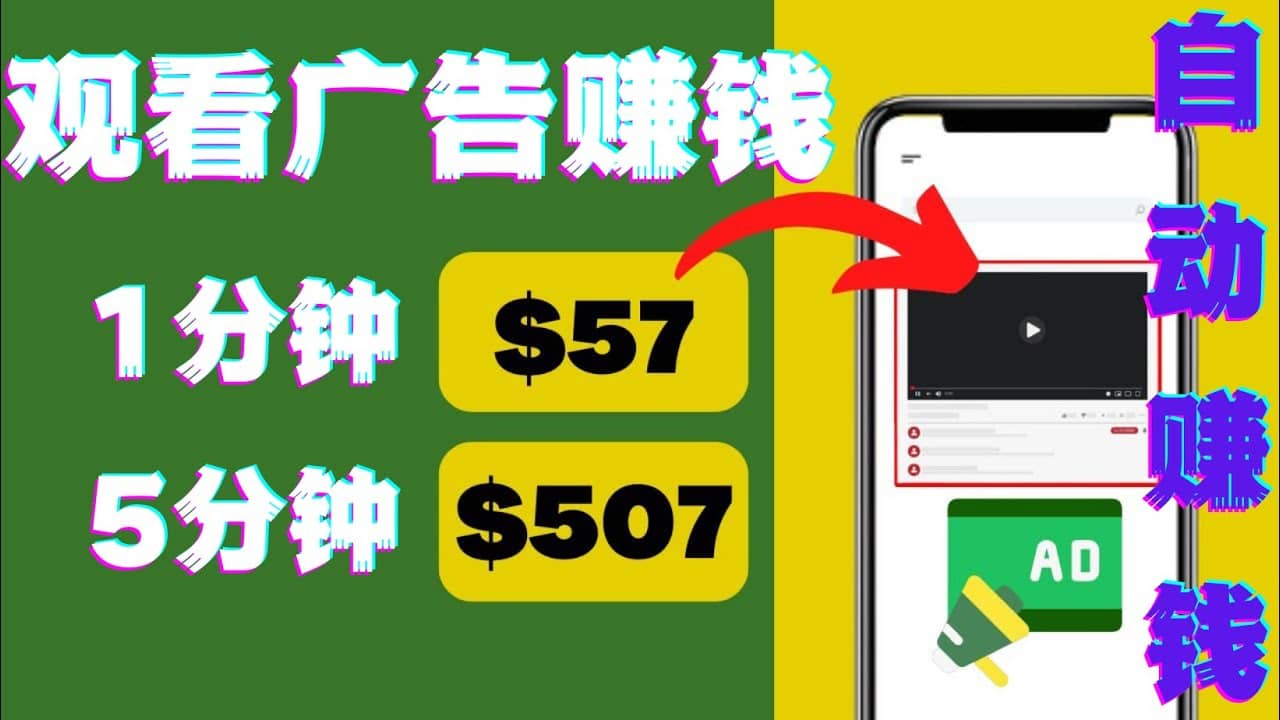 观看视频广告，只需要点击广告，每5分钟赚57美元赚米吧-网创项目资源站-副业项目-创业项目-搞钱项目赚米吧