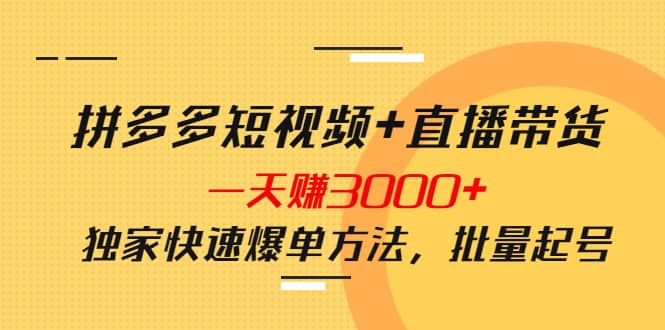 拼多多短视频+直播带货，一天赚3000+独家快速爆单方法，批量起号赚米吧-网创项目资源站-副业项目-创业项目-搞钱项目赚米吧