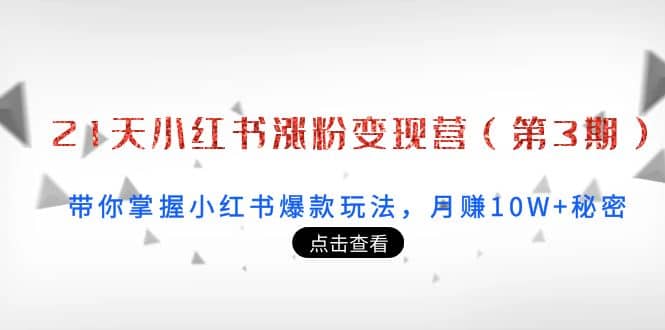 21天小红书涨粉变现营（第3期）：带你掌握小红书爆款玩法，月赚10W+秘密赚米吧-网创项目资源站-副业项目-创业项目-搞钱项目赚米吧