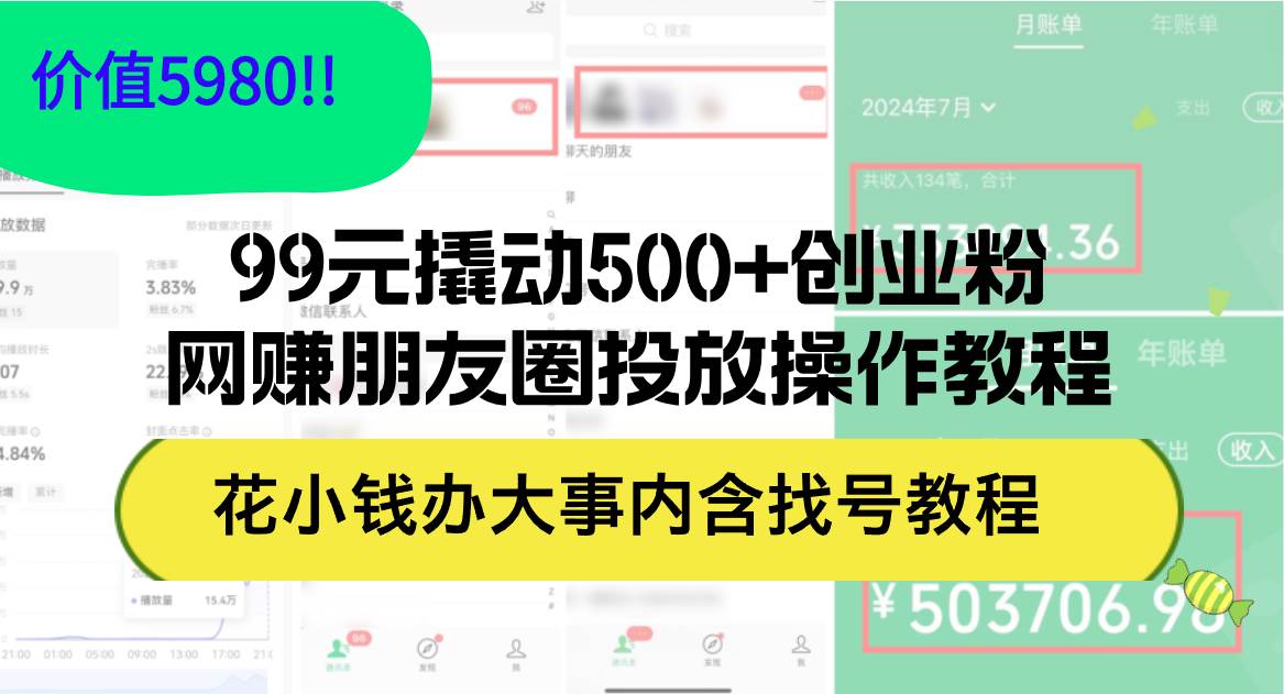 99元撬动500+创业粉，网赚朋友圈投放操作教程价值5980！花小钱办大事内…赚米吧-网创项目资源站-副业项目-创业项目-搞钱项目赚米吧