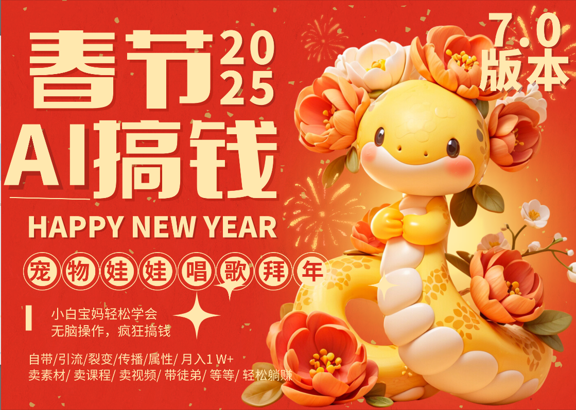 AI春节搞钱7.0升级版 蝴蝶号超火爆萌宠唱歌拜年  AI一键制作 批量出内容   春节做轻松躺赚 每日轻松十分钟  月赚米1W+  抓紧冲！可做视频 可卖素材只带小白和宝妈！赚米吧-网创项目资源站-副业项目-创业项目-搞钱项目赚米吧