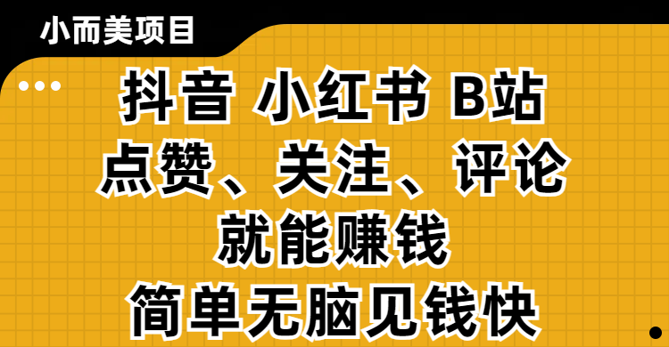小而美的项目，抖音、小红书、B站视频点赞、关注、评论就能赚钱，简单无脑立见收益！妥妥的零撸项目赚米吧-网创项目资源站-副业项目-创业项目-搞钱项目赚米吧