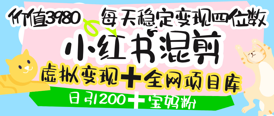 价值3980的小红书混剪， 虚拟变现 ＋全网项目库 ， 日引200+宝妈创业粉，每天稳定四位数变现赚米吧-网创项目资源站-副业项目-创业项目-搞钱项目赚米吧